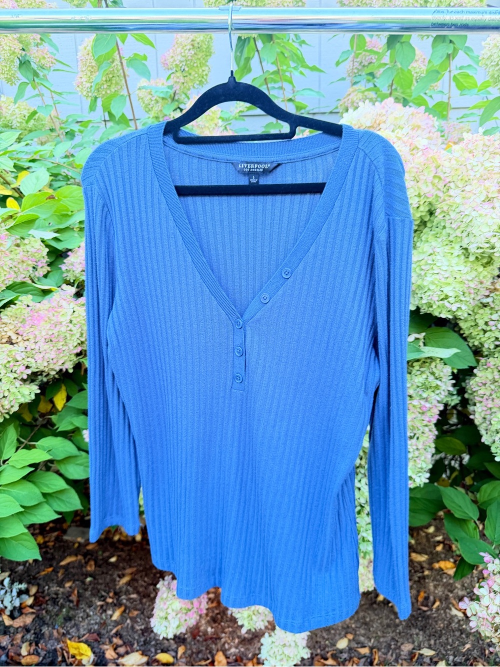Liverpool Ribbed V-Neck Long Sleeve Top - Cornflower Blue